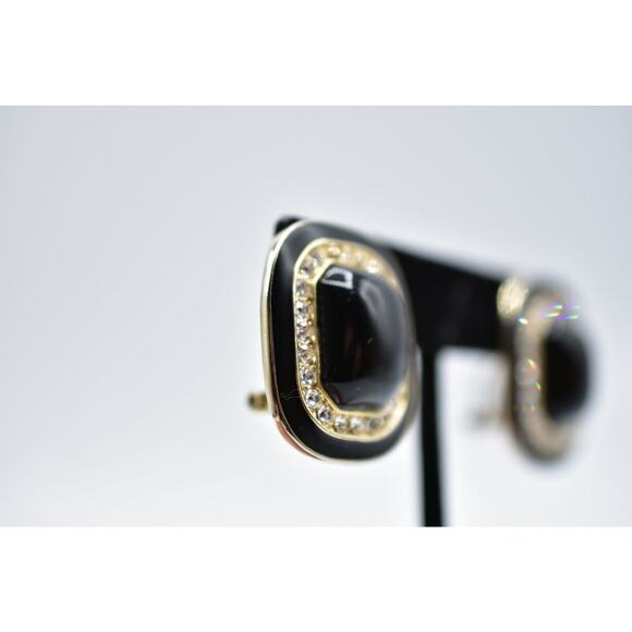 Vintage Earrings Sparkling Rhinestone Crystal Statement Black Enamel Thick Bin8 - Picture 5 of 10